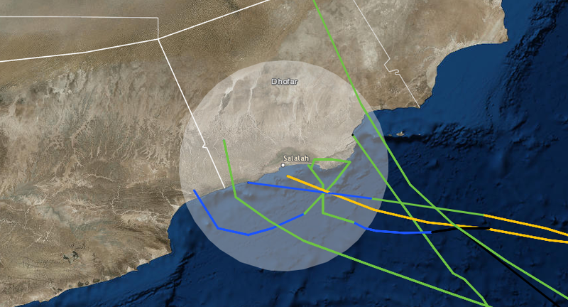 Historical cyclone tracks within 100 nautical miles of Salalah, Yemen.
